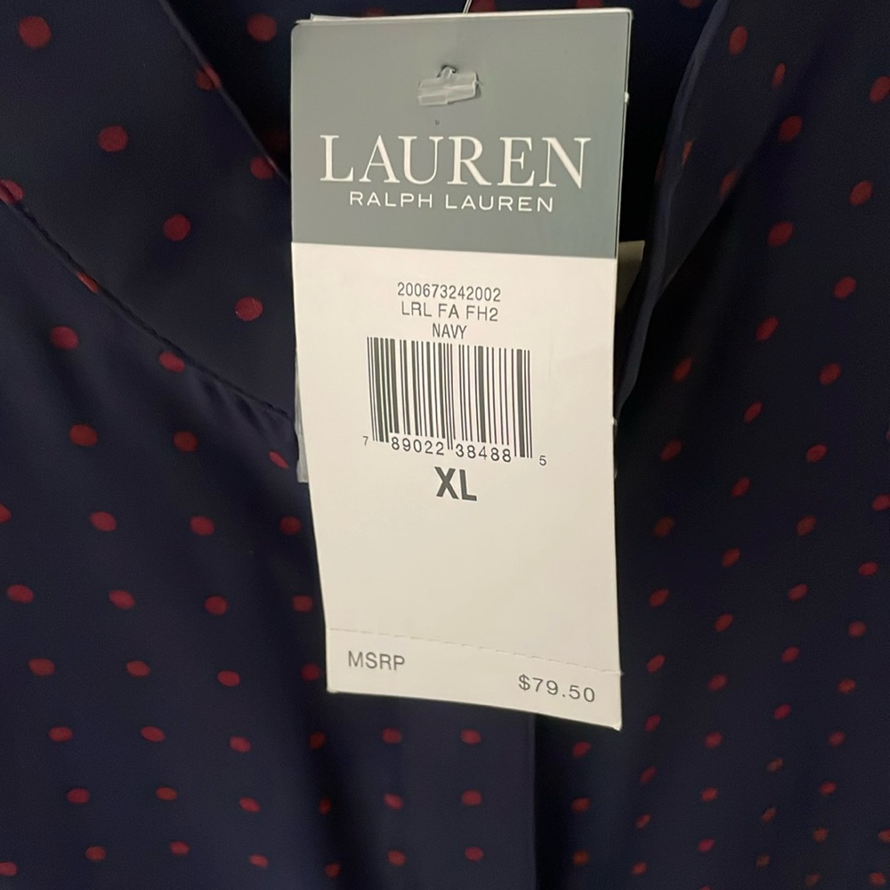 Lauren Ralph Lauren Navy Blue Ruffle Sleeved Polka Dot Blouse, size XL, NWT - Picture 2 of 12